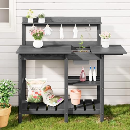 SERWALL Potting Bench Outdoor Potting Table with Sink, HDPE Potting Benches for Outside Gardening Table All Weather Use- Black