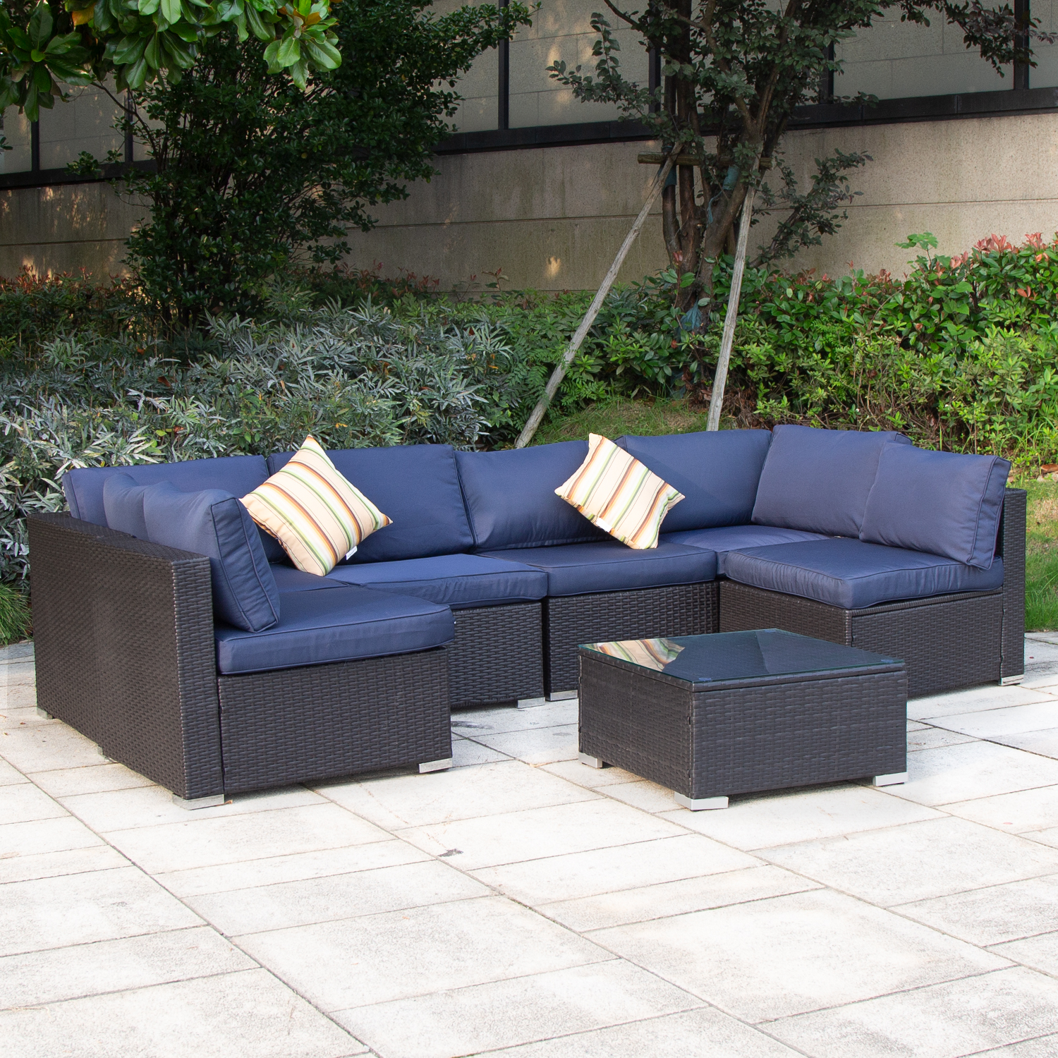 Outdoor Garden Terrace Blue Sofa Set of 7, PE Rattan and Small Yard Recreational Conversation Set with Cushions from EXCITED WORK