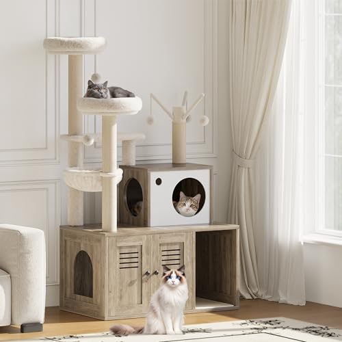 Litter Box Enclosure with Cat Tree Tower and Condo,Hidden Pet Washroom Furniture with Sisal Scratching Post,Hammocks,Condo,Multiple Platform