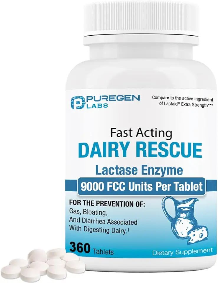 Puregen Labs Dairy Relief Fast Acting Lactase Enzyme 9000 FCC, Lactose Intolerance Pills 360 Tablets - Kansas Nuitrition - HNZSDS