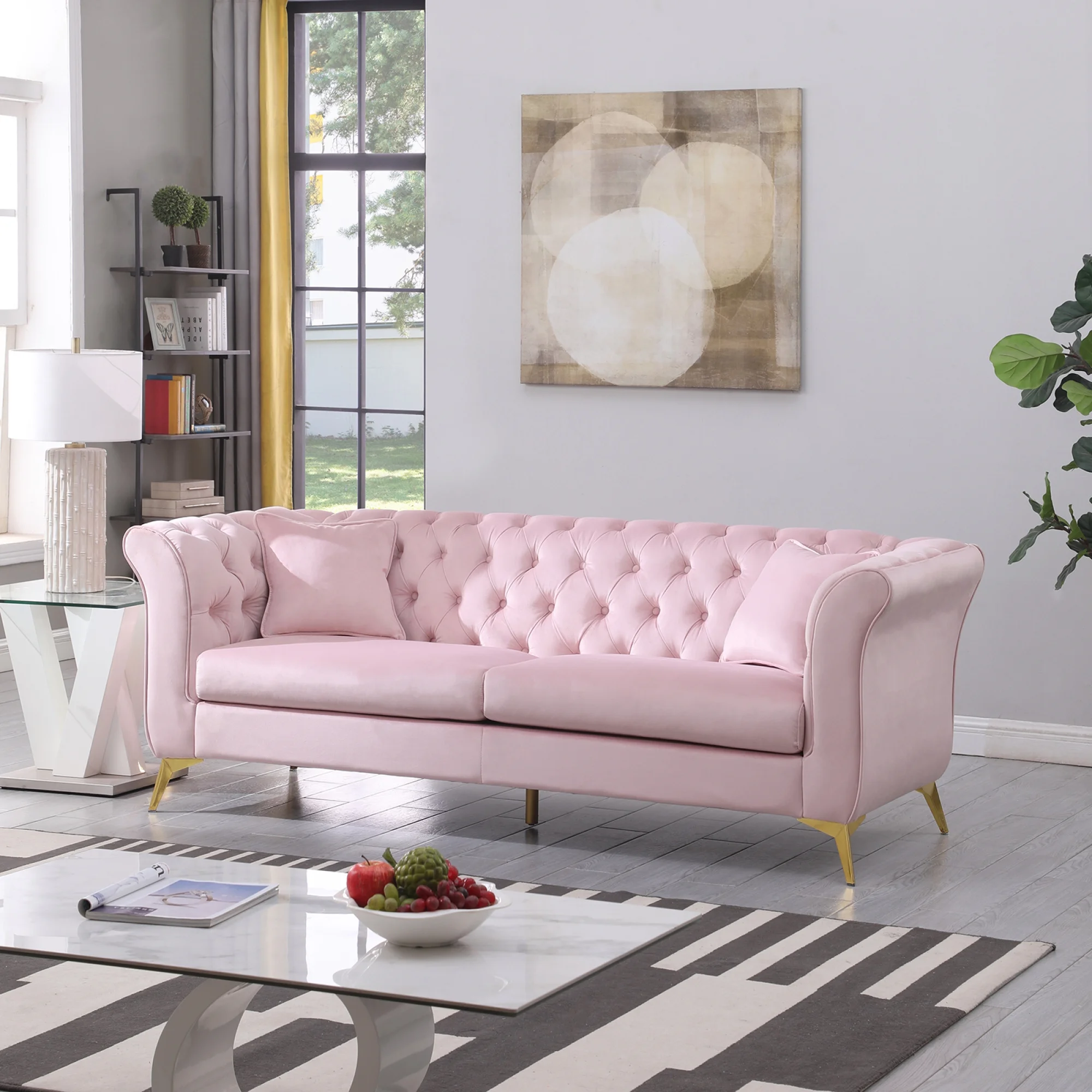 Chesterfield sofa ,Stanford sofa , high quality Chesterfield sofa ,pink color , tufted and wrinkled fabric sofa;contemporary Stanford sofa