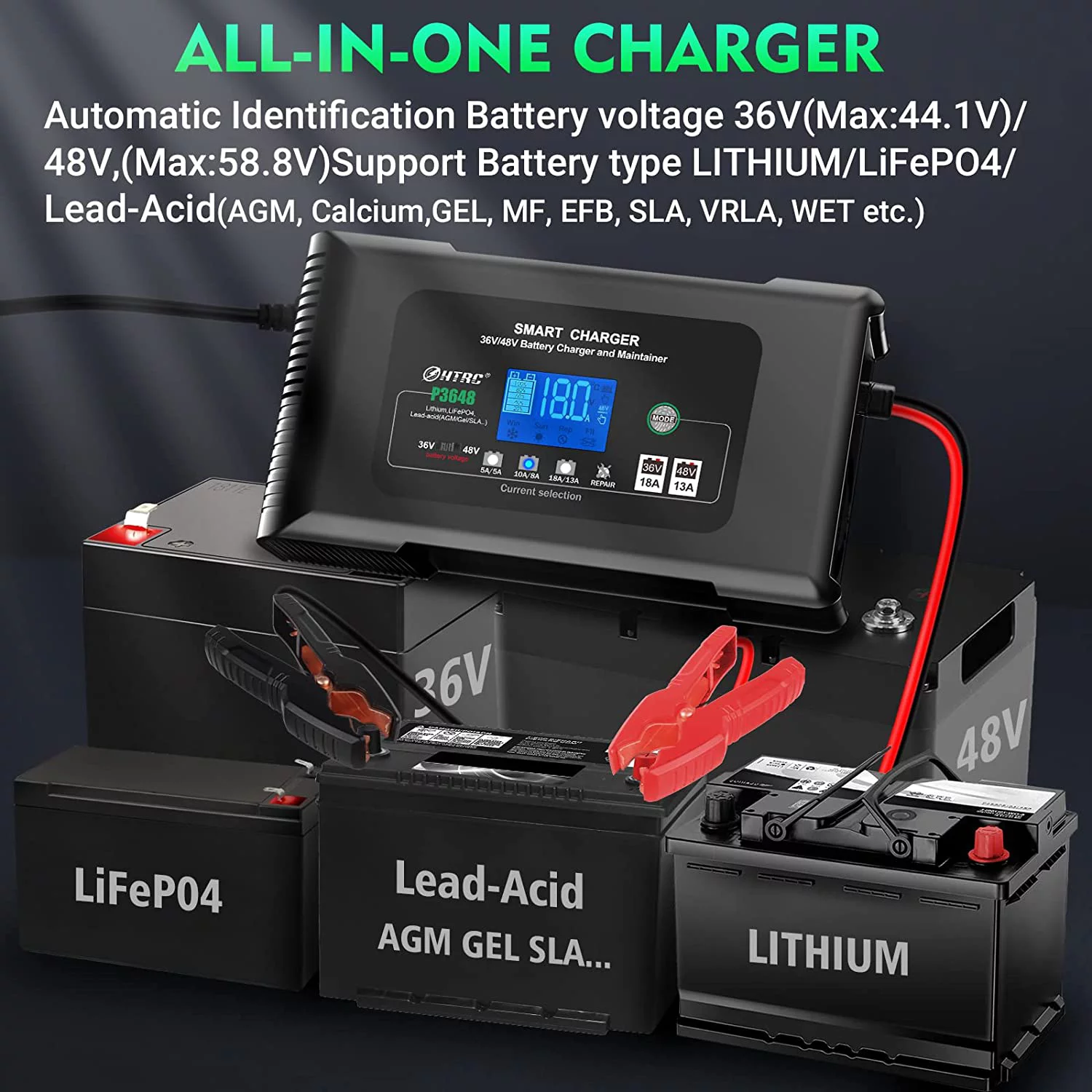 HTRC 36V/48V Golf Cart Charger 18-Amp Smart Charger, Golf Car Battery Charger,Trickle Charger