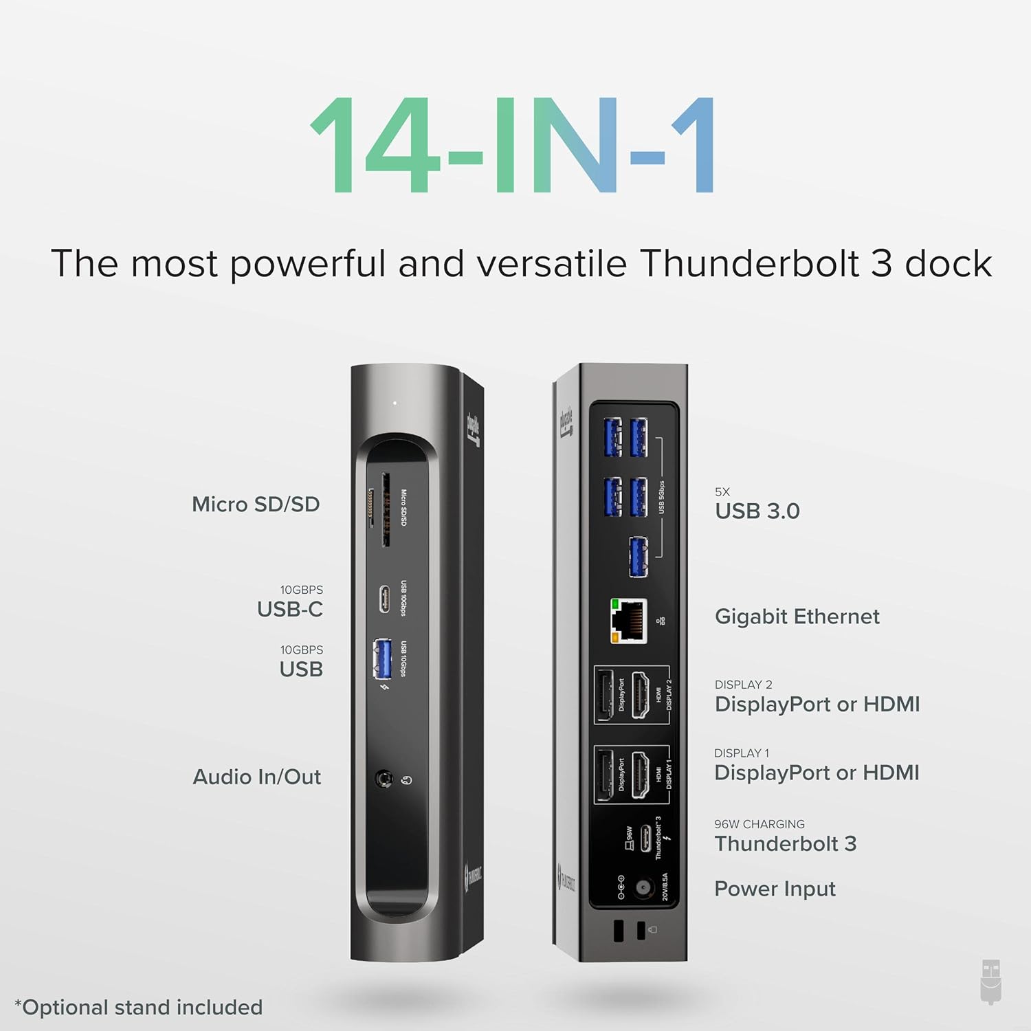 Plugable 14-in-1 USB-C and Thunderbolt Dock - 40Gbps, 96W Charging, Compatible with Mac and Windows, 2X HDMI 2.0 and DisplayPort 4K60, 7X USB Ports