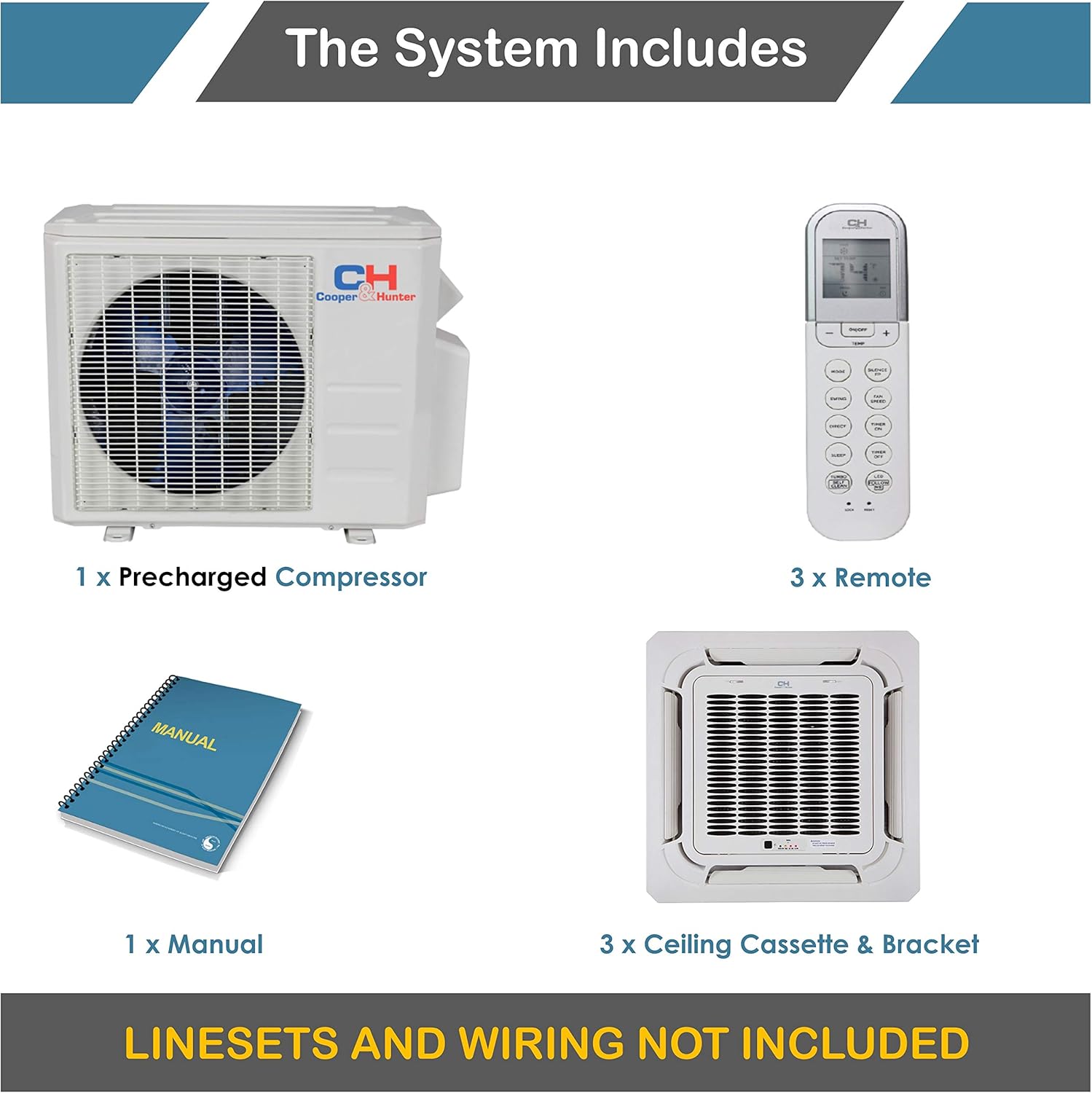 COOPER AND HUNTER Tri 3 Zone Ductless Mini Split Air Conditioner Ceiling Cassette Heat Pump 12000 18000 18000