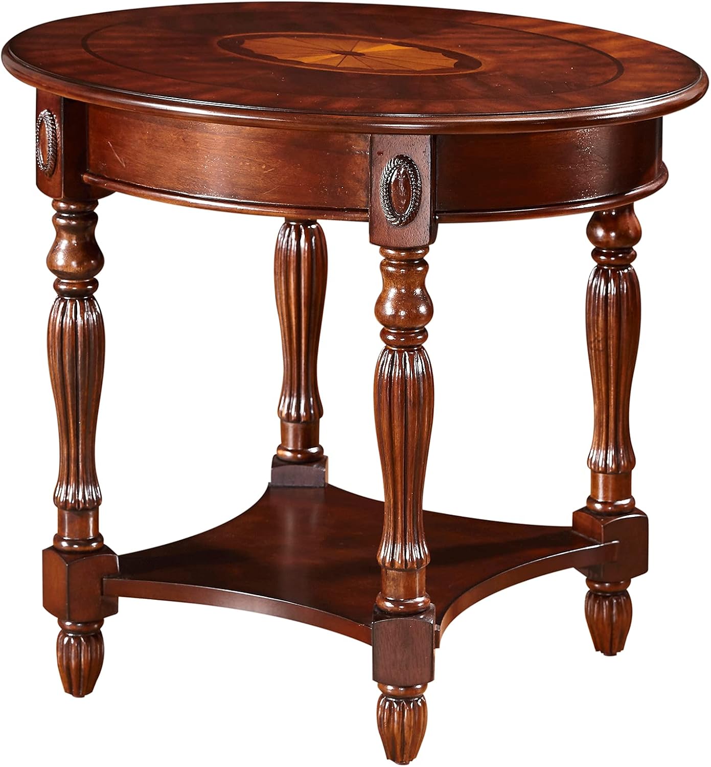 MODERION Solid Wood Coffee Table, Traditional Oval Cocktail Table with Storage Shelf, Carvings Side Elegant Vintage Sofa Table for Living Room