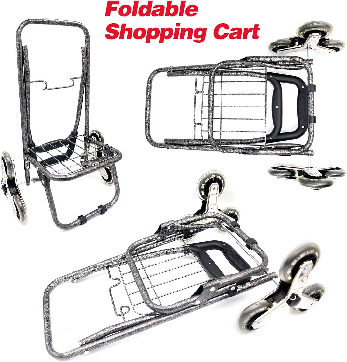 Foldable Shopping Cart, Heavy Duty Grocery Cart with Rubber Tri-Wheel for Easy to Climb Stairs