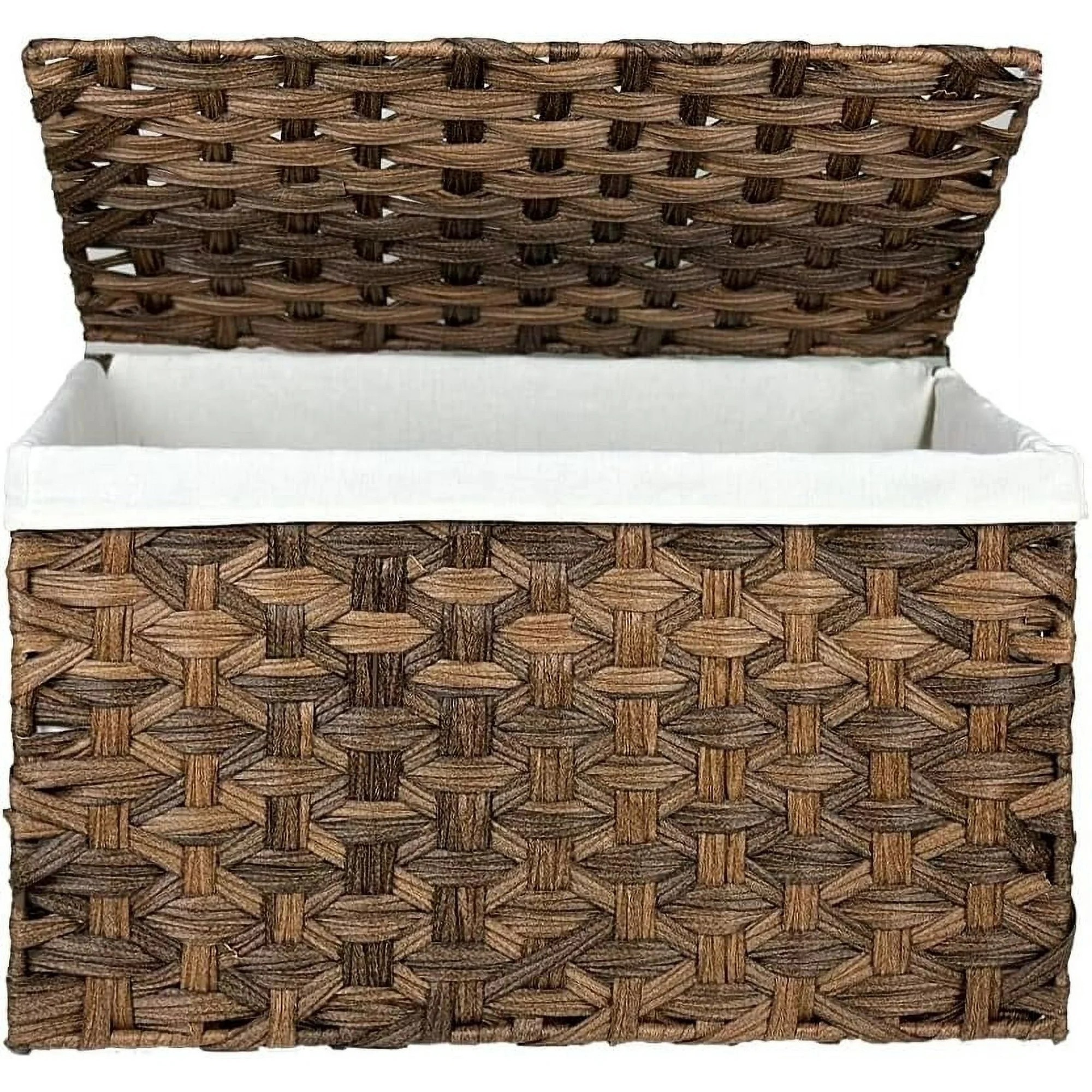 Wicker Storage Basket with Lid, 17.2 Gallon (65L) Small Blanket Basket with Lid, Woven Storage Bin with Handles, Removable Liner, Metal Frame