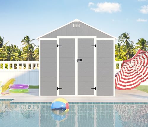 8x8 FT Outdoor Resin Storage shed - Waterproof Garden Sheds with Vents, Lockable Double Doors and Windows for Lawn, Backyard, Patio, Tool Storage Use
