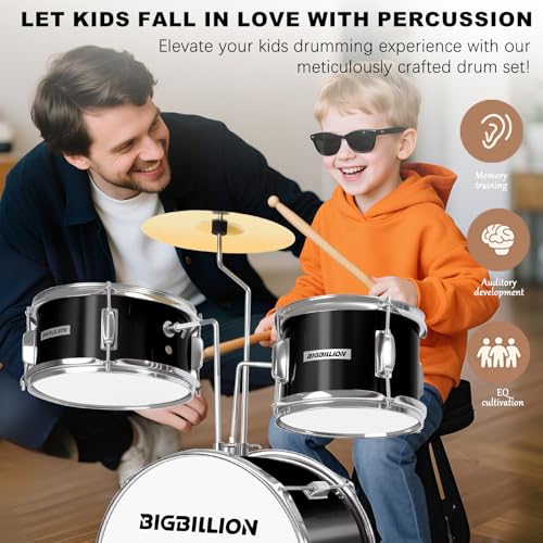 Drum Set for Kids, 3-Piece 14'' Beginner Kids Drum Kit Junior Drum Set with Bass Tom Snare Drum with Adjustable Throne, Cymbal, Pedal