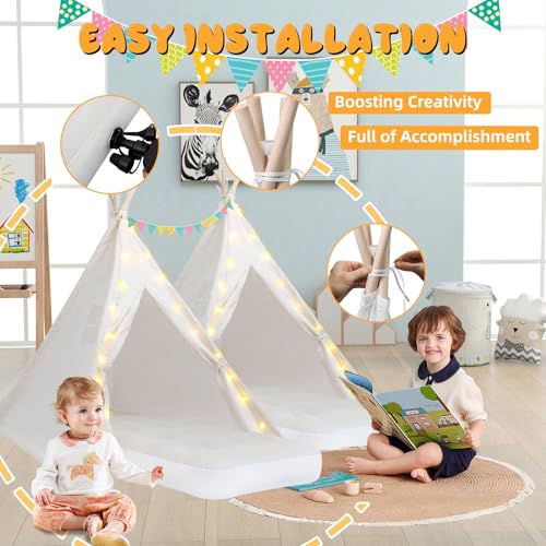 6 Pack Teepee Tent for Kids [Thickened] with Light String and Inflatable Airbed, Slumber Party Tents