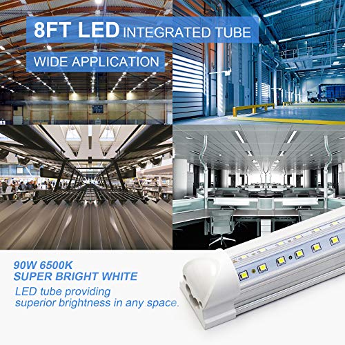 10-Pack 8ft LED Shop Light Fixture - 90W T8 Integrated LED Tube Light - 6500K 12000LM V-Shape Linkable - High Output - Clear Cover - Plug and Play