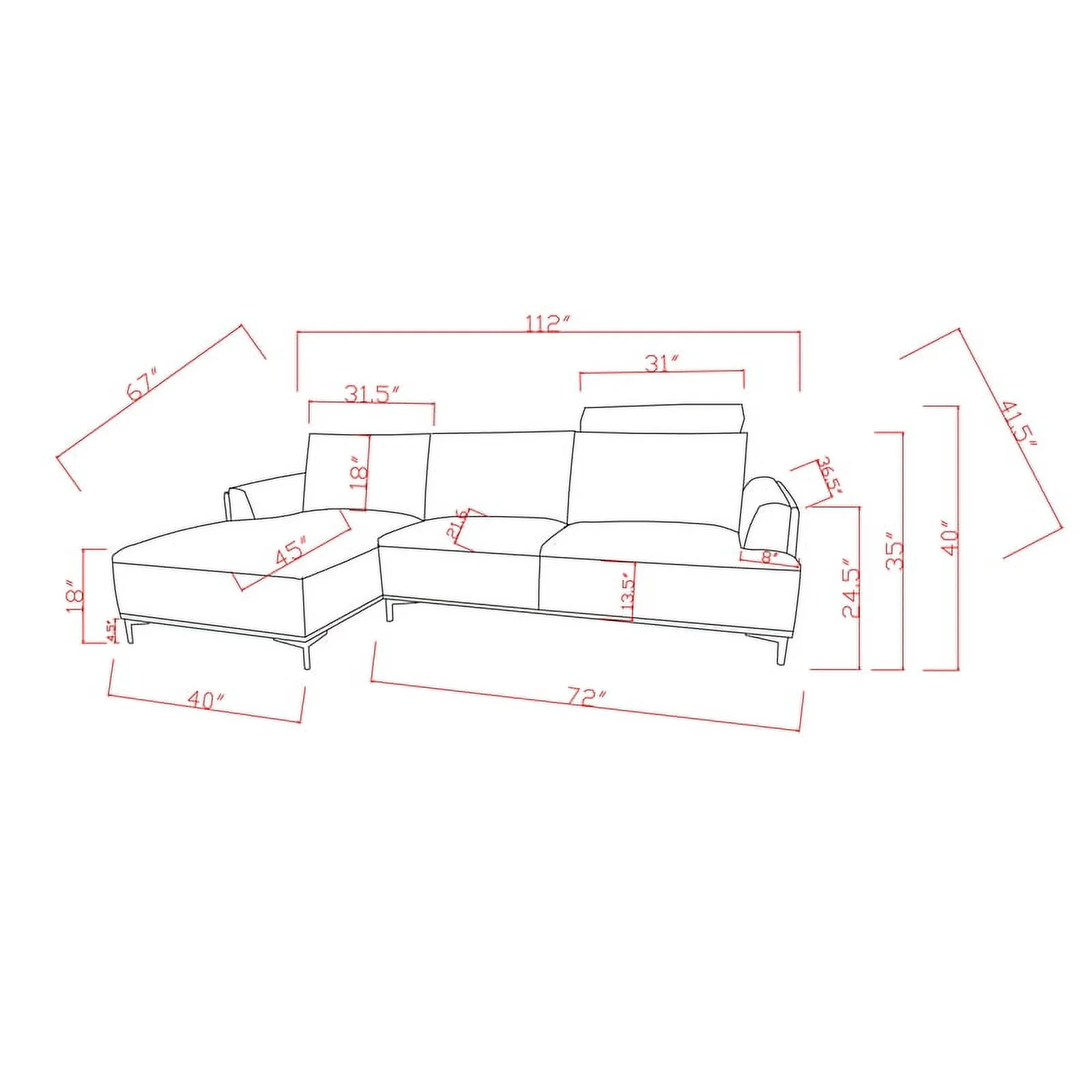 Pasargad Home Modern Lucca Sectional Sofa with Push Back Functional Right Facing