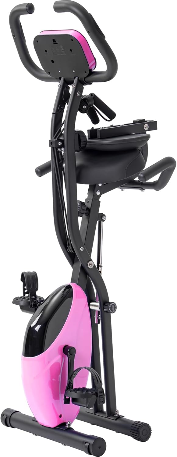 Folding Exercise Bike, Fitness Upright and Recumbent X-Bike with 10-Level Adjustable Resistance, Arm Bands and Backrest