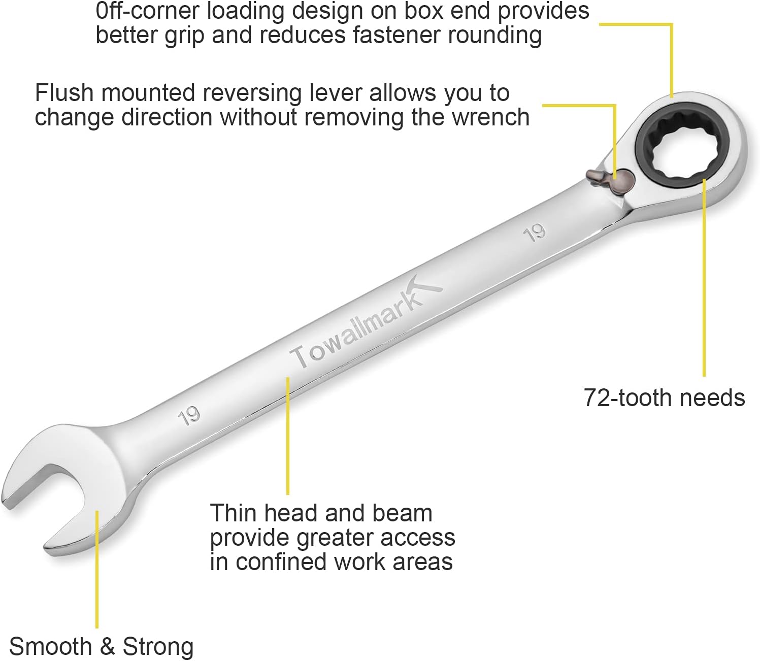 Towallmark 12-Piece Reversible Ratchet Combination Wrench Set, Metric,8mm-19mm Chrome Vanadium Steel Ratchet Wrenches