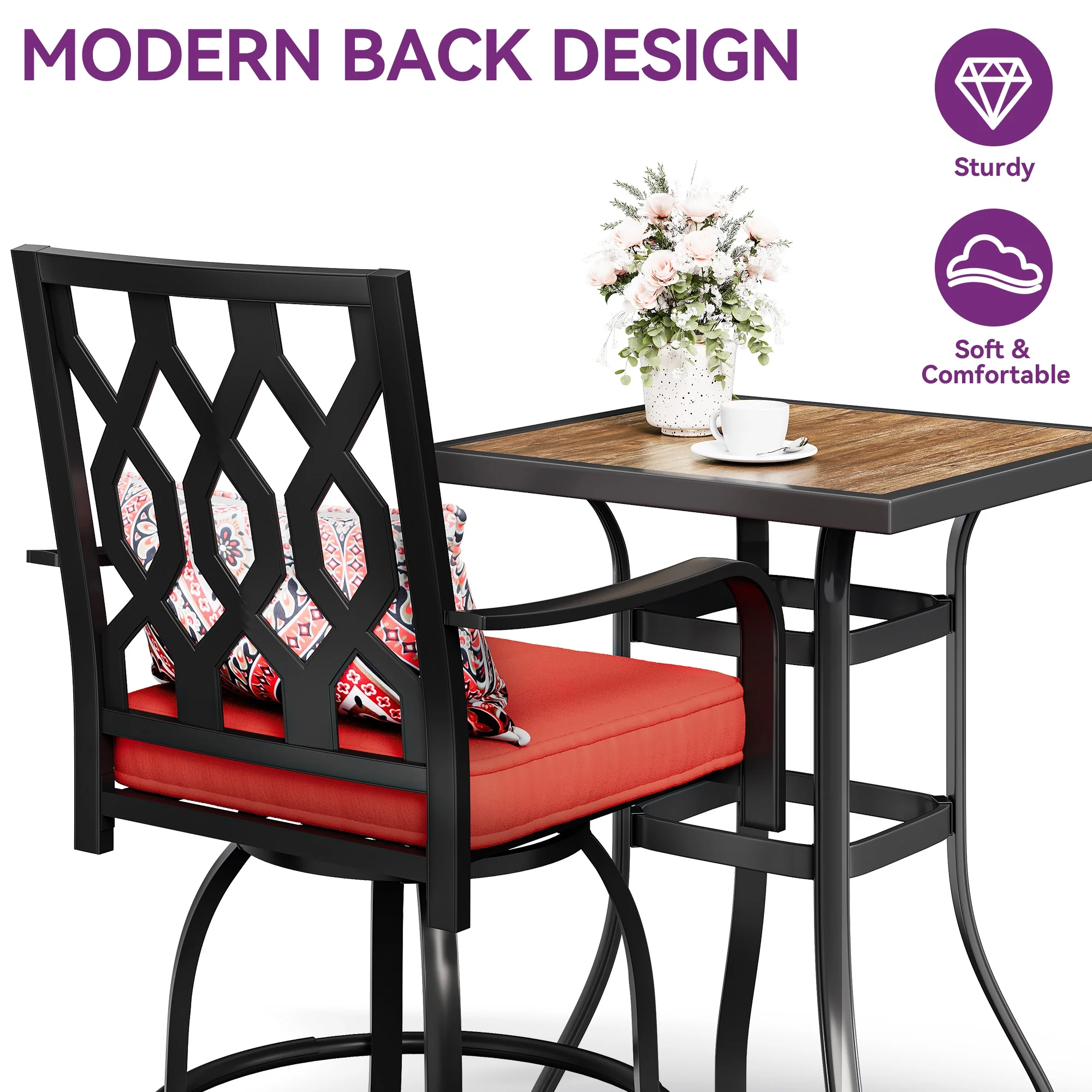 Dextrus 3-Piece Outdoor Bar Set, Weather Resistant Bar Height Patio Furniture Ensemble, 32'' Patio Height Bar Table and Bar Stools Set of 2 - Red