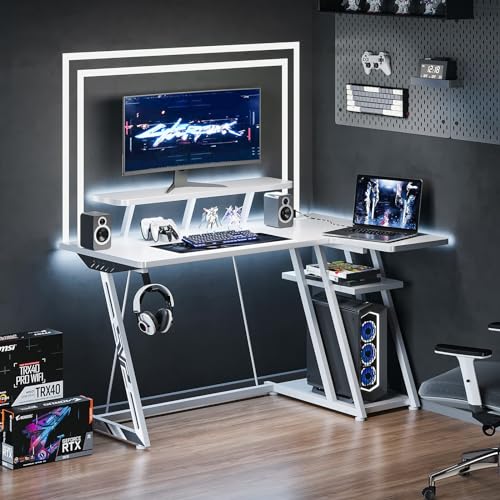MOTPK Gaming Desk with LED Lights & Power Outlets, 55 Inch L Shaped Gaming Computer Desk with Storage Shelf, Gamer Desk with Monitor Stand