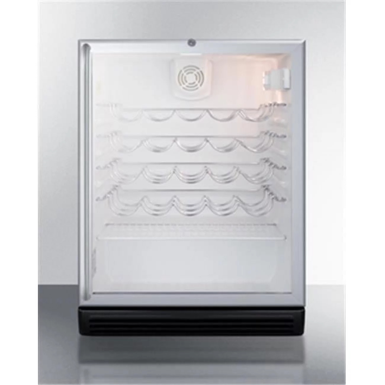 ADA compliant, commercially approved wine cellar for freestanding use with glass door, black cabinet, and full length handle