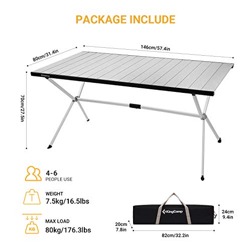KingCamp Camping Table Folding Portable Table Aluminum Roll Up Lightweight Foldable Large Camp Table for Indoor Outdoor Picnic Backyard, 53.5"X27.5"