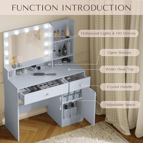 Vanity Desk with Mirror and Lights, Diamond Edition Vanity Desk, Makeup Vanity Table with 3 Drawers & 5 Open Shelves