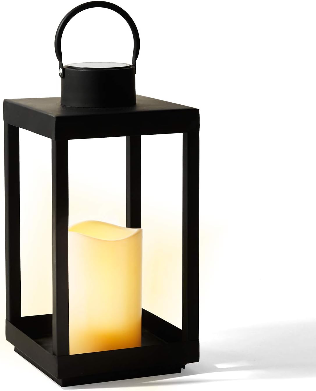 Large Outdoor Lantern with Solar Candle - 18 Inch Tall, Matte Black Metal Frame, Waterproof Flameless Pillar Candle, Dusk to Dawn Timer