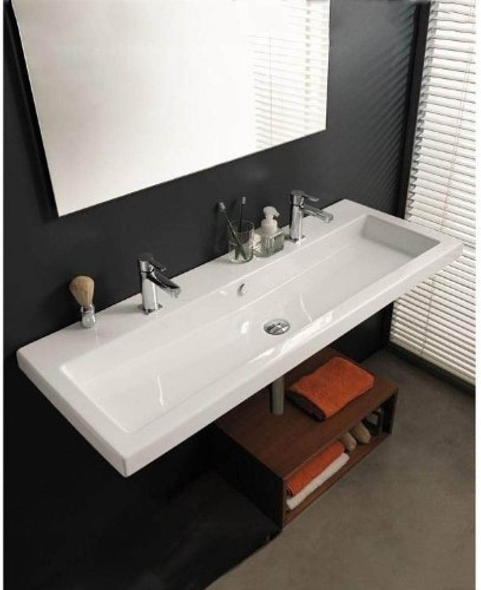 Tecla CAN05011B-Two Hole Cangas Rectangular Ceramic Wall Mounted/Built In Sink, White