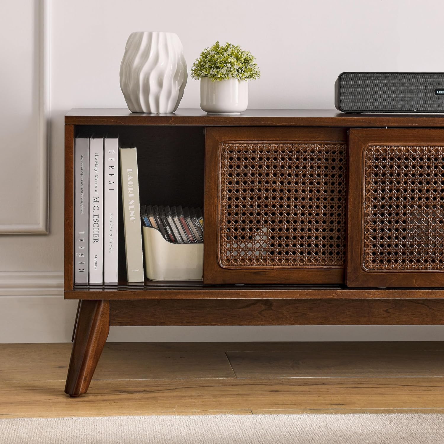 Modern Rattan Tv Stand for Up to 65" Tvs Entertainment Center Media Console Cabinets Living Room Bedroom Walnut Tan Farmhouse Mid-Century MDF Wood