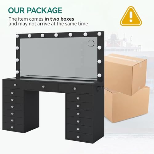55" W Vanity Desk, Makeup Vanity with Charging Station, 15 Drawers with Lighted Mirror, 3 Lighting Modes, Brightness Adjustable, Glass Top