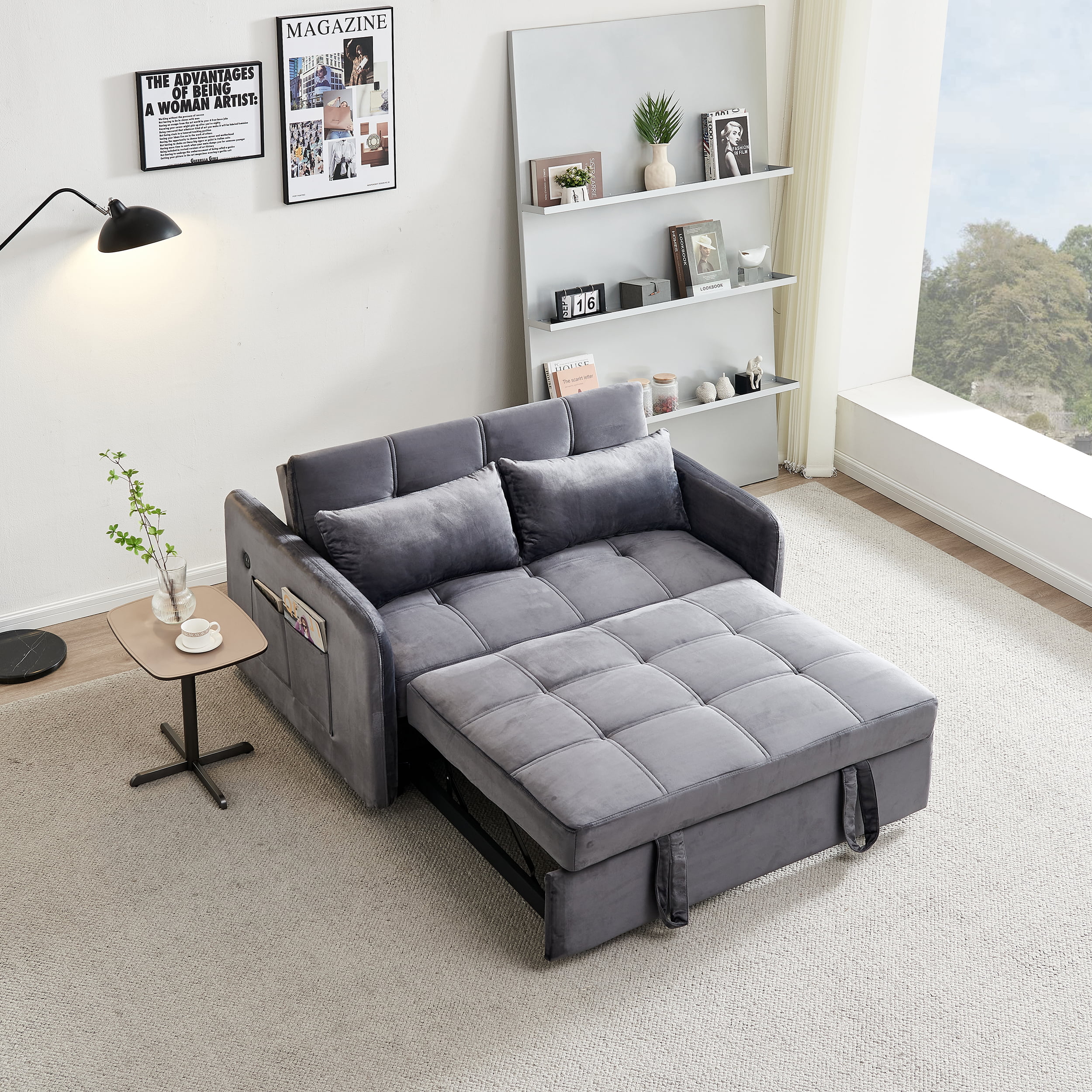 Modern Velvet Pull Out Convertible Sofa Bed, Folding Sleeper Couch Loveseat with Pillows and USB Port for Living Room Bedroom