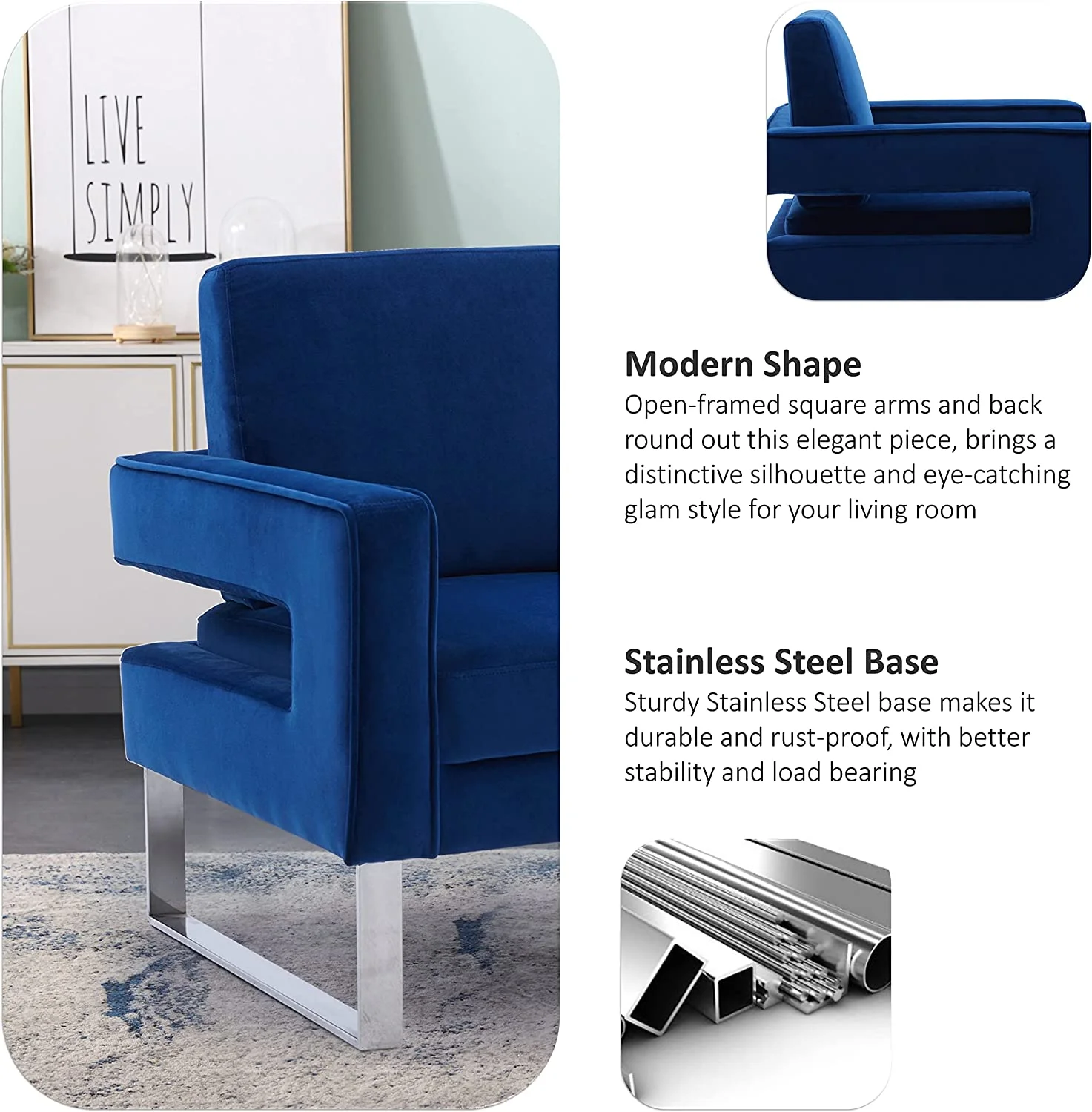 Locus Bono Velvet Arm Chair, Upholstered Lounge Chair Reading Chair for Living Room, for Adult(Navy Blue)