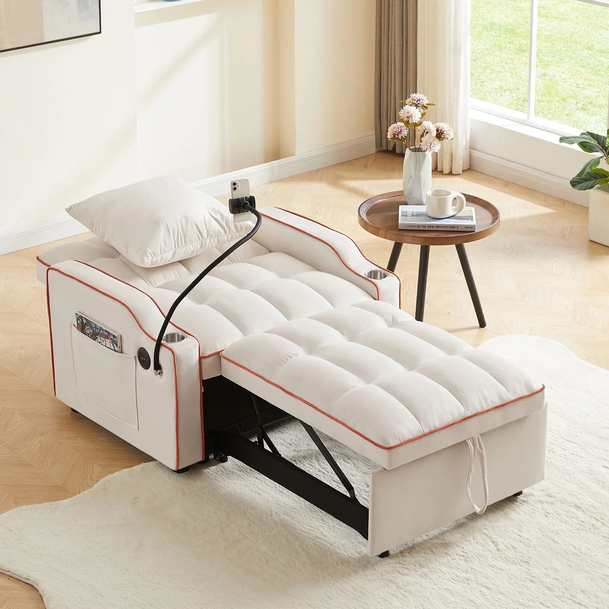 Aukfa Sleeper Chair Bed, Convertible Pull Out Sofa Bed with USB Port, Cup Holders and Swivel Phone Holder, Beige