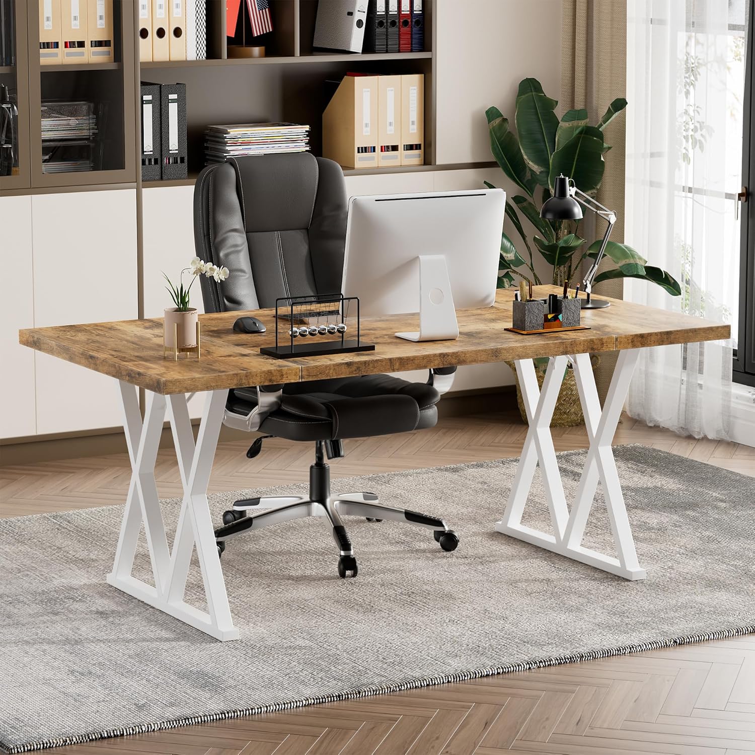 70.8 Inches Home Office Computer Desk, Large Executive Desk with X Shaped Metal Legs & Adjustable Feet