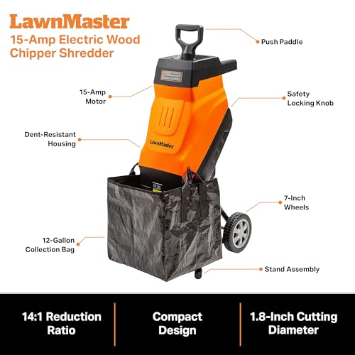 LawnMaster FD1503 Electric Wood Chipper Shredder 15-Amp 1.8-Inch Cutting Diameter Max 14:1 Reduction