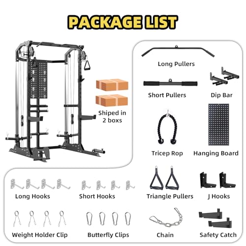 Power Cage, 2000Lbs Capacity Power Rack with Cable Crossover and Dual Independent Pulley System, Workout Cage with Storage Board