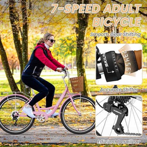MOONCOOL Womens Bike 7 Speed, 24 26 inch Beach Cruiser Bikes for Women, Step Through Adult Bicycle with Front Basket for City Commuting