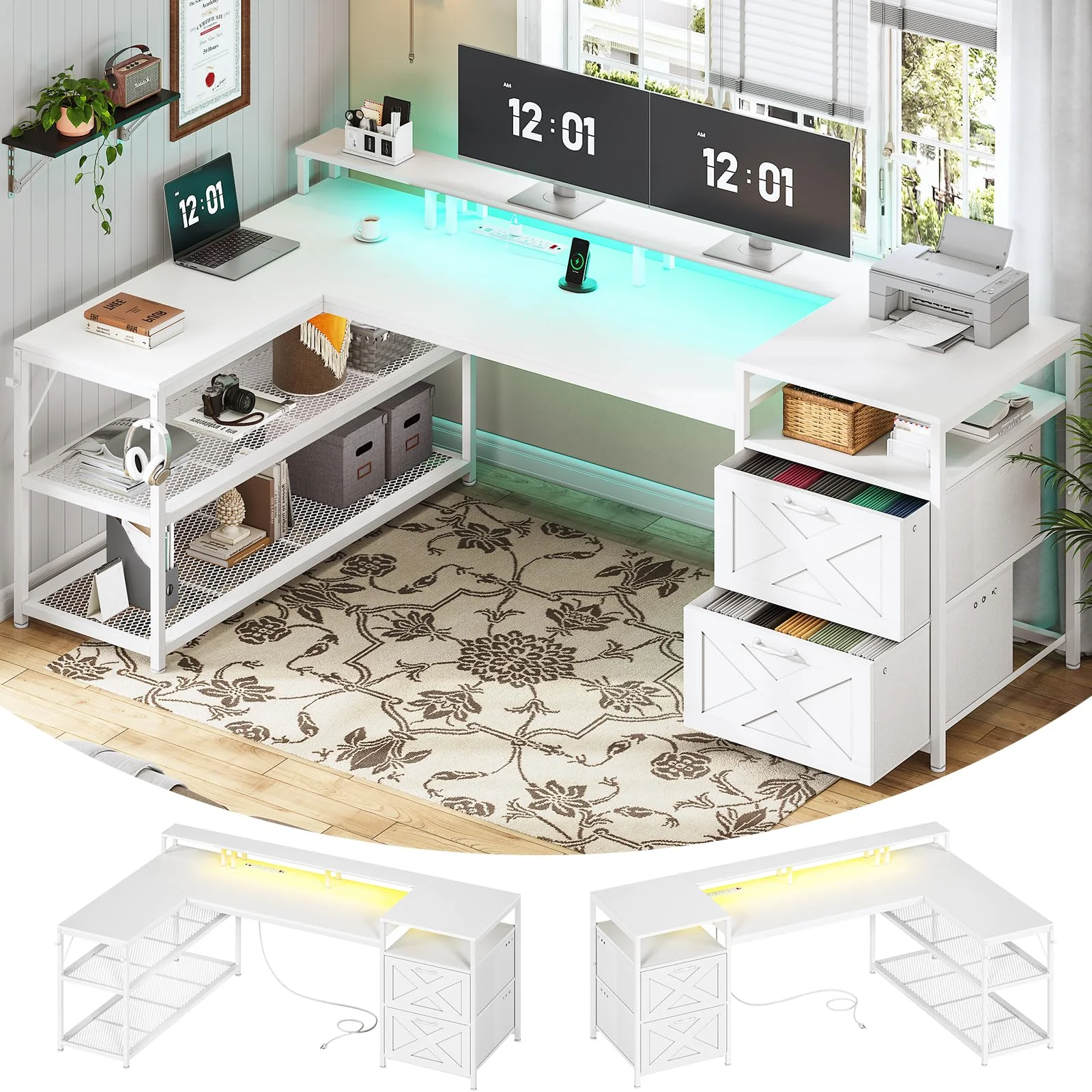L Shaped Desk with Power Outlet and 2 Drawers, Reversible Computer Desk with LED Lights for Home Office, White