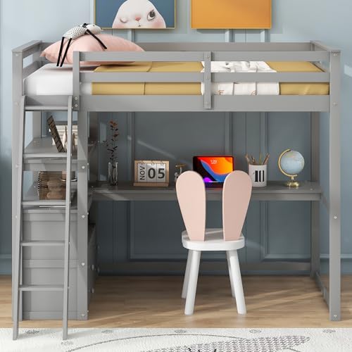 Full Size Loft Bed with Desk & Wardrobe, Solid Wood Kids Loft Bedframe w/3 Storage Drawers & 2 Shelves, Maximum Space Design, for Bedroom, Dorm, Gray