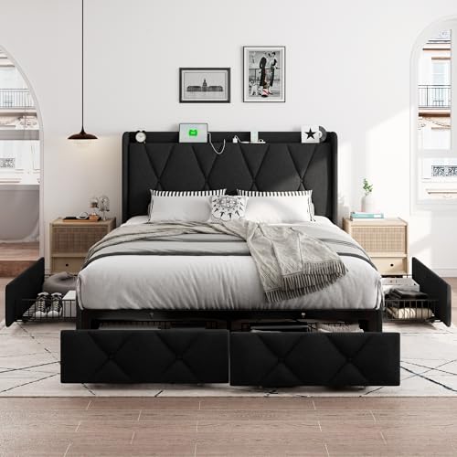 iPormis Queen Bed Frame with 4 Storage Drawers, Upholstered Platform Bed Frame with Charging Station, Modern Wingback Storage Headboard