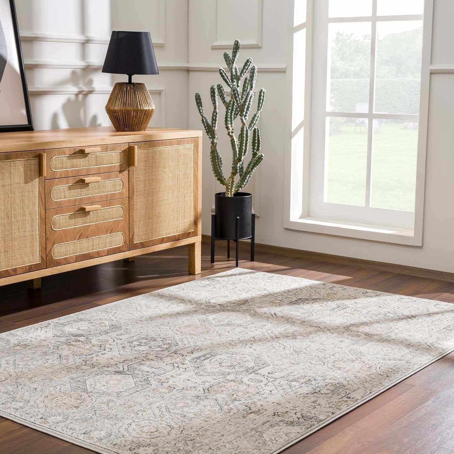 Hauteloom Parkerfield Moroccan Farmhouse Living Room Bedroom Dining Room Area Rug - Bohemian Style - Boho Vintage Distressed - Beige, Gray, Brown