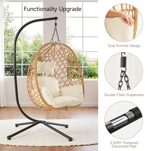 Egg Chair with Stand, Wicker Rattan Swing Hammock Chair with Fine Lace & Cushion, Hanging Chair with Double Chains