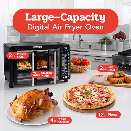 Gourmia Toaster Oven Air Fryer Combo 17 cooking presets 1700W french door digital air fryer oven 24L capacity accessories, convection rack