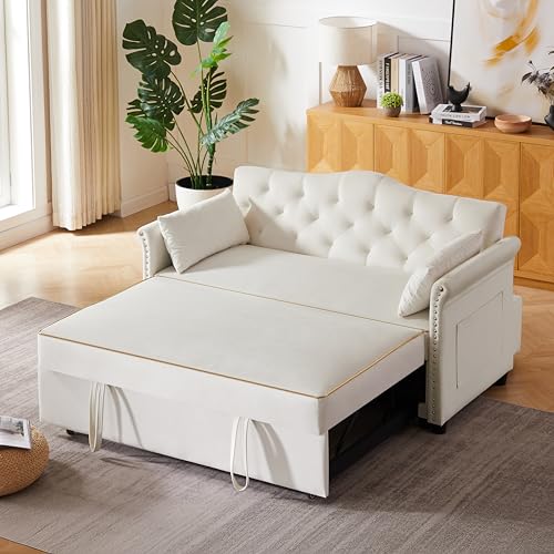 68.11" Corduroy Sleeper Chair Bed with USB Port, Cup Holders & Side Storage Pockets – 3-in-1 Foldable Sofa Bed for Guest Room, Living Room – White