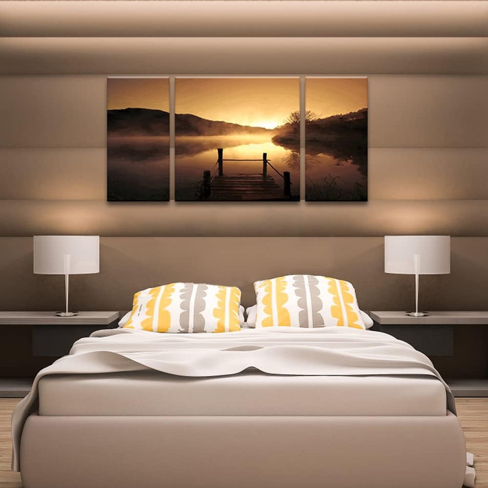 Wieco Art Canvas Prints Wall Art Sunset Beach Picture Paintings for Living Room Bedroom Decor Home Decorations Misty Lake 3 Piece Modern Stretched