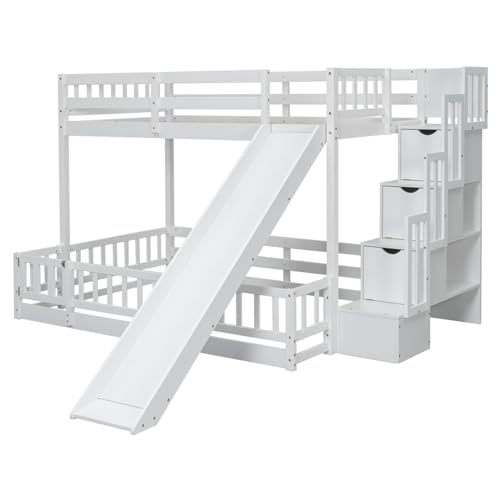 Bunk Beds Twin Over Full Size, Pine Solid Wooden Bunk Bed with Slide, Storage Staircase, Safety Guardrails for Kids, White