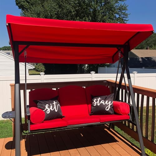 PURPLE LEAF Outdoor Patio Porch Swing with Adjustable PVC Canopy, 3-seat Swing Chair Bench with Side Cup Holder for Backyard Front Porch Lawn
