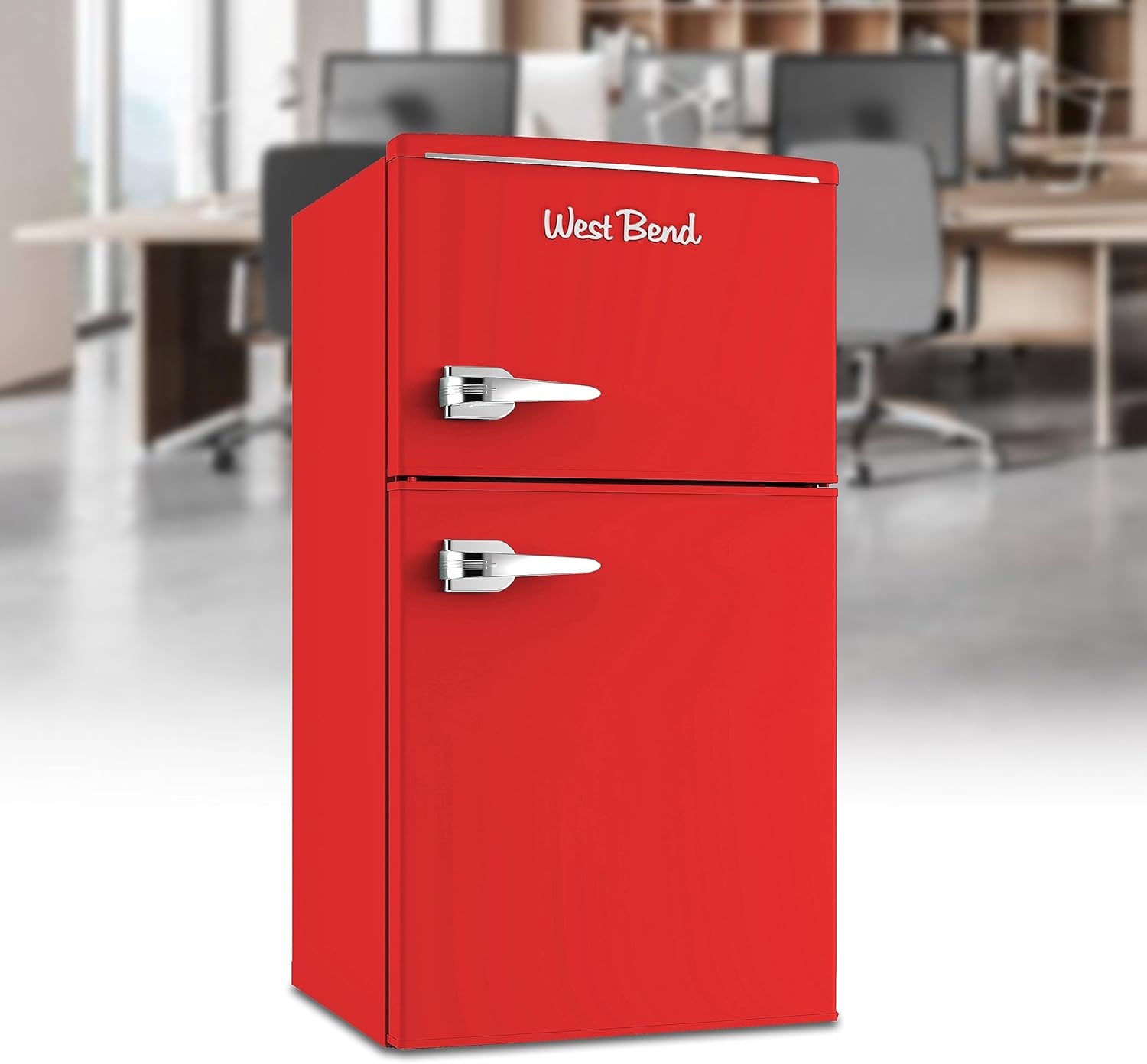 West Bend Mini Fridge with Freezer Retro-Styled for Home Office or Dorm, Manual Defrost and Adjustable Temperature, 3 Cu.Ft, Red
