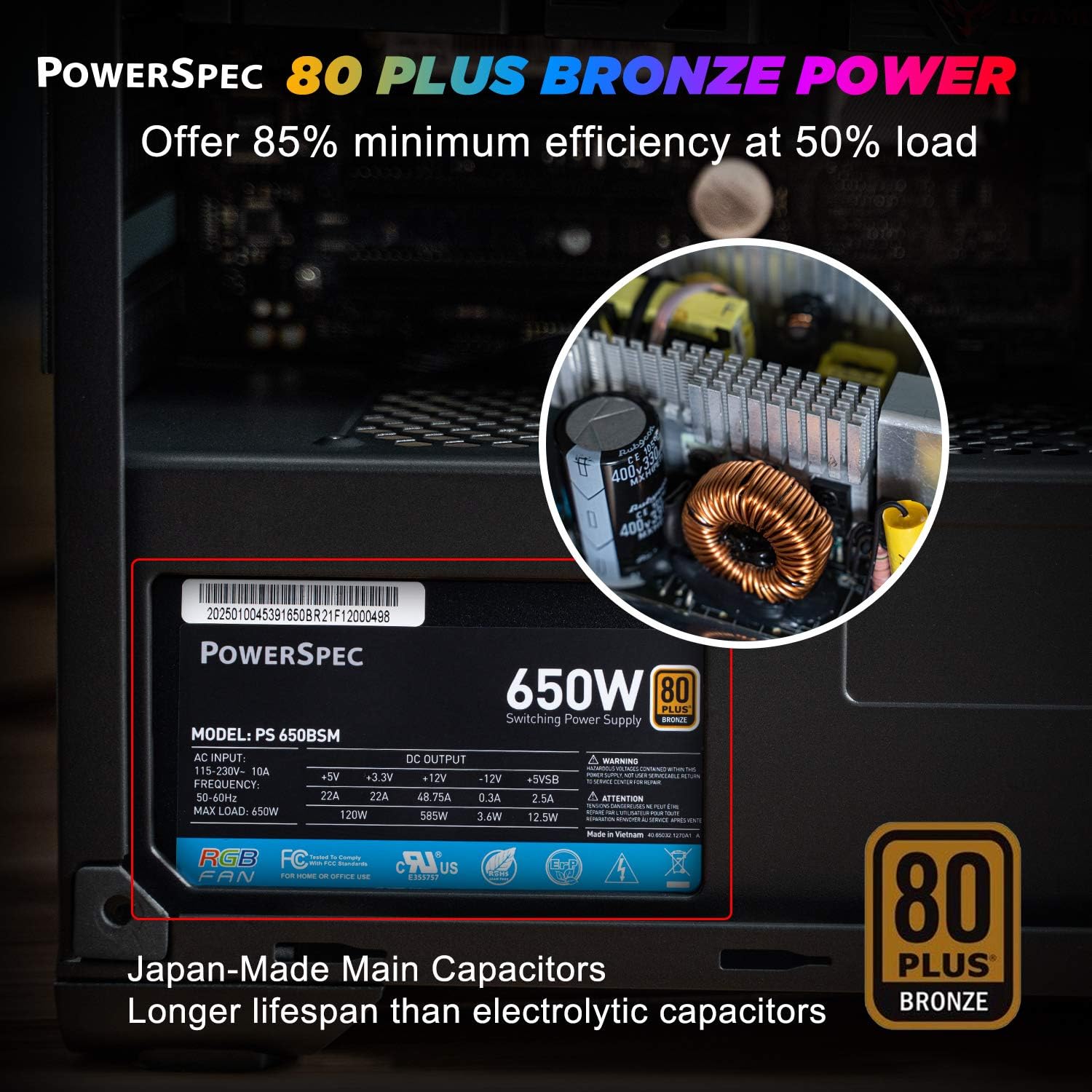PowerSpec 650W Power Supply 80 Plus Bronze Certified Fixed Cable Non-Modular ATX PSU Active PFC SLI Crossfire Ready Gaming PC Computer Switching