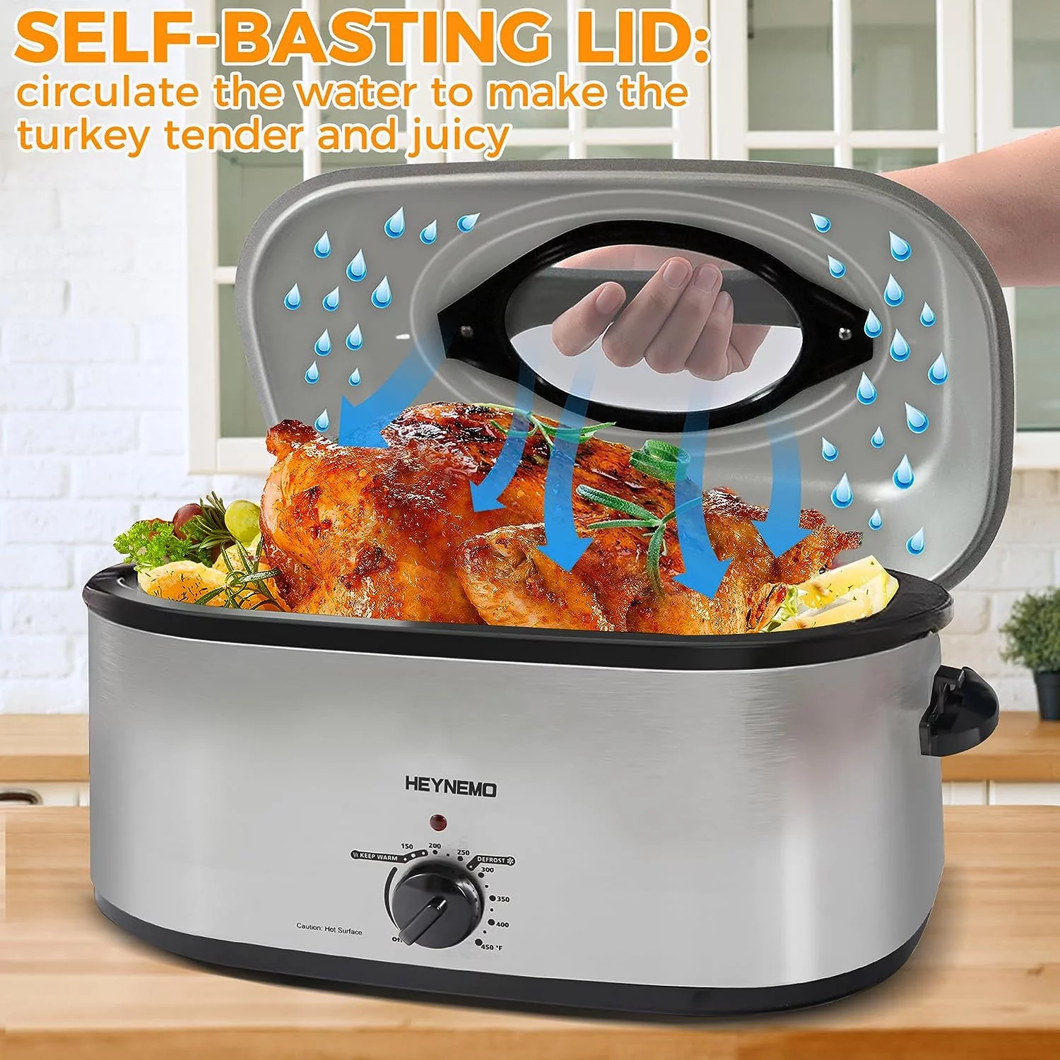 Superjoe 26 Quart Electric Roaster Oven, Stainless Steel Turkey Roaster Oven Buffet with Self-Basting Lid Removable Pan, Silver