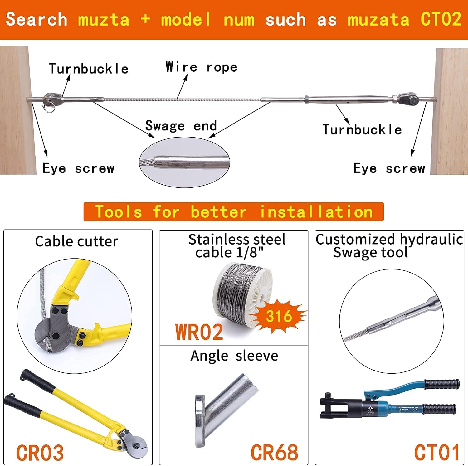 Muzata 36Set Cable Railing Kit 1/8 Swage Toggle Turnbuckle Hardware T316 Stainless Steel for Wood Post WoodEasy System Angle 180°Adjustable Stairs