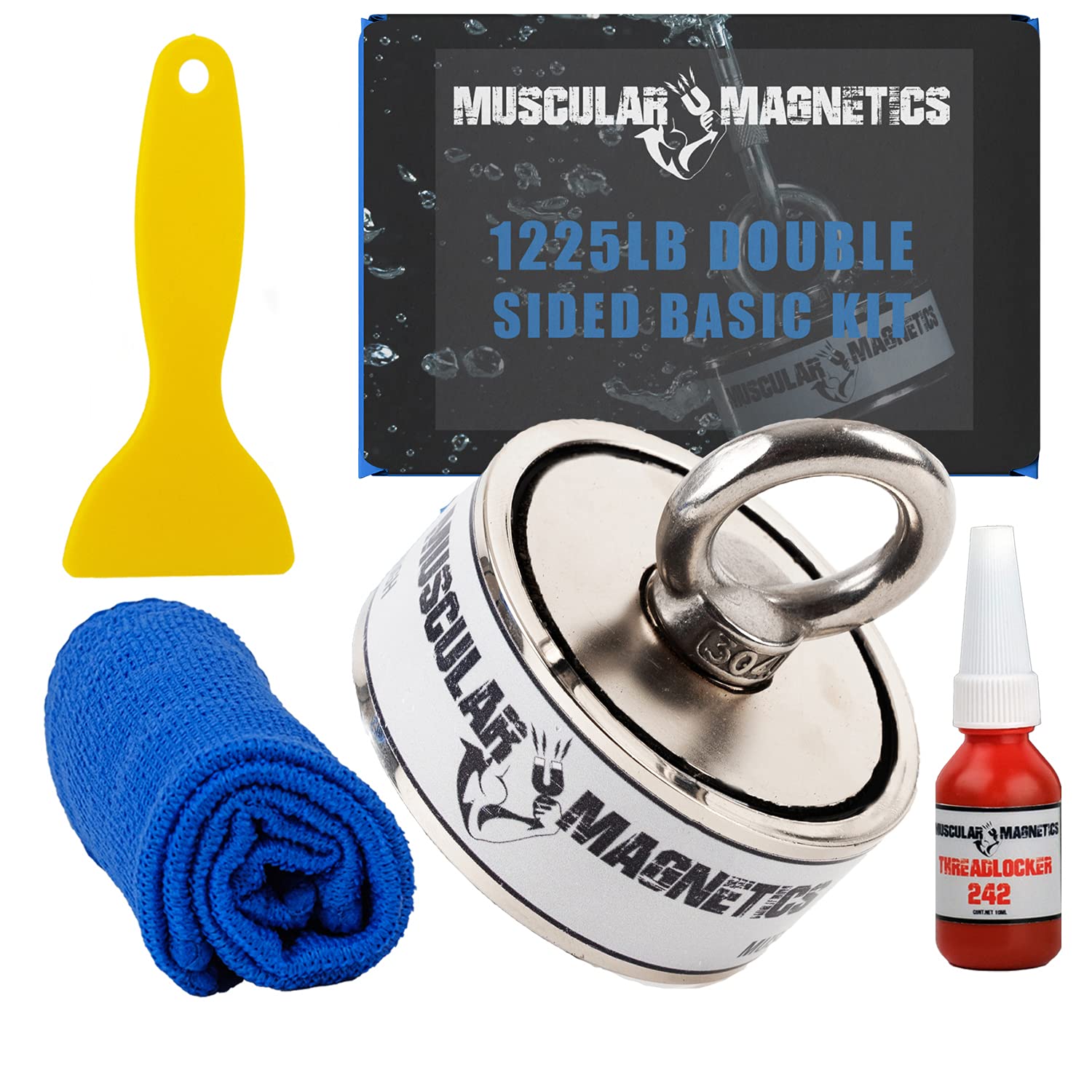 1225lb Double Sided Fishing Magnet Bundle Pack - Includes 1225lb Super Strong Double Sided Neodymium Magnet, with Two Eyebolts, Durable Scraper