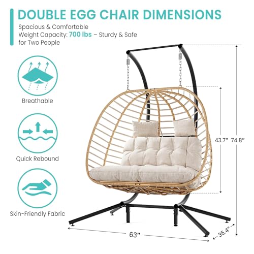 SWITTE Double Egg Swing Chair with Stand, Outdoor Patio 2 Person Hanging Wicker Hammock Chairs with Cushion for Indoor Bedroom, Lawn, Garden-Dark Grey